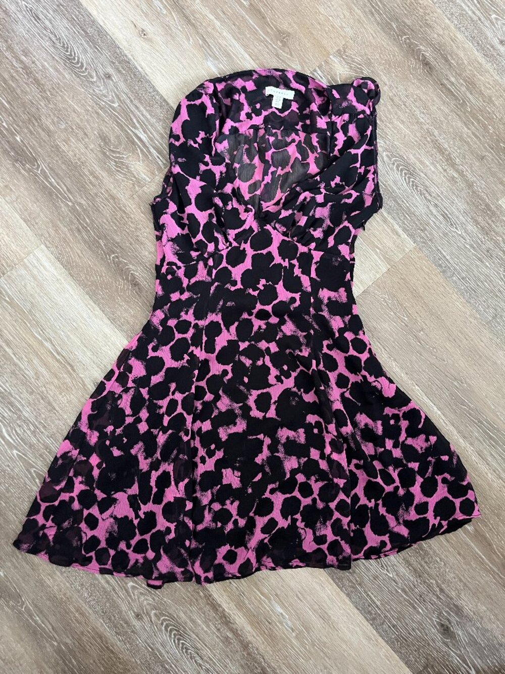 Vibrant Pink and Black Abstract Floral V Neck Dress